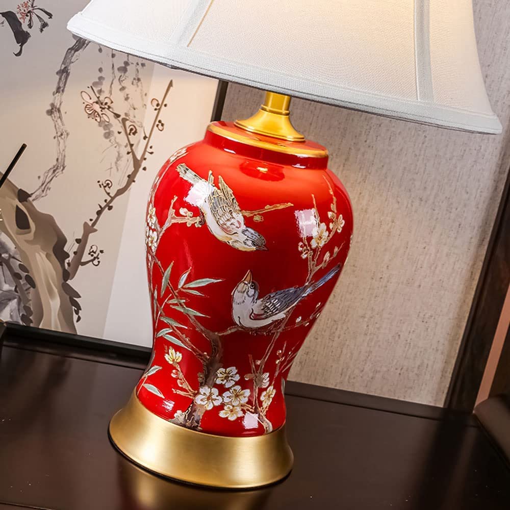 Lampa Stołowa Chińska Ceramiczna Lampa Stołowa Ręcznie Malowana Kwiat I Ptak Przeszklona Lampka Nocna Czerwona Do Sypialni Salon Do Domowego(Remote control switch)