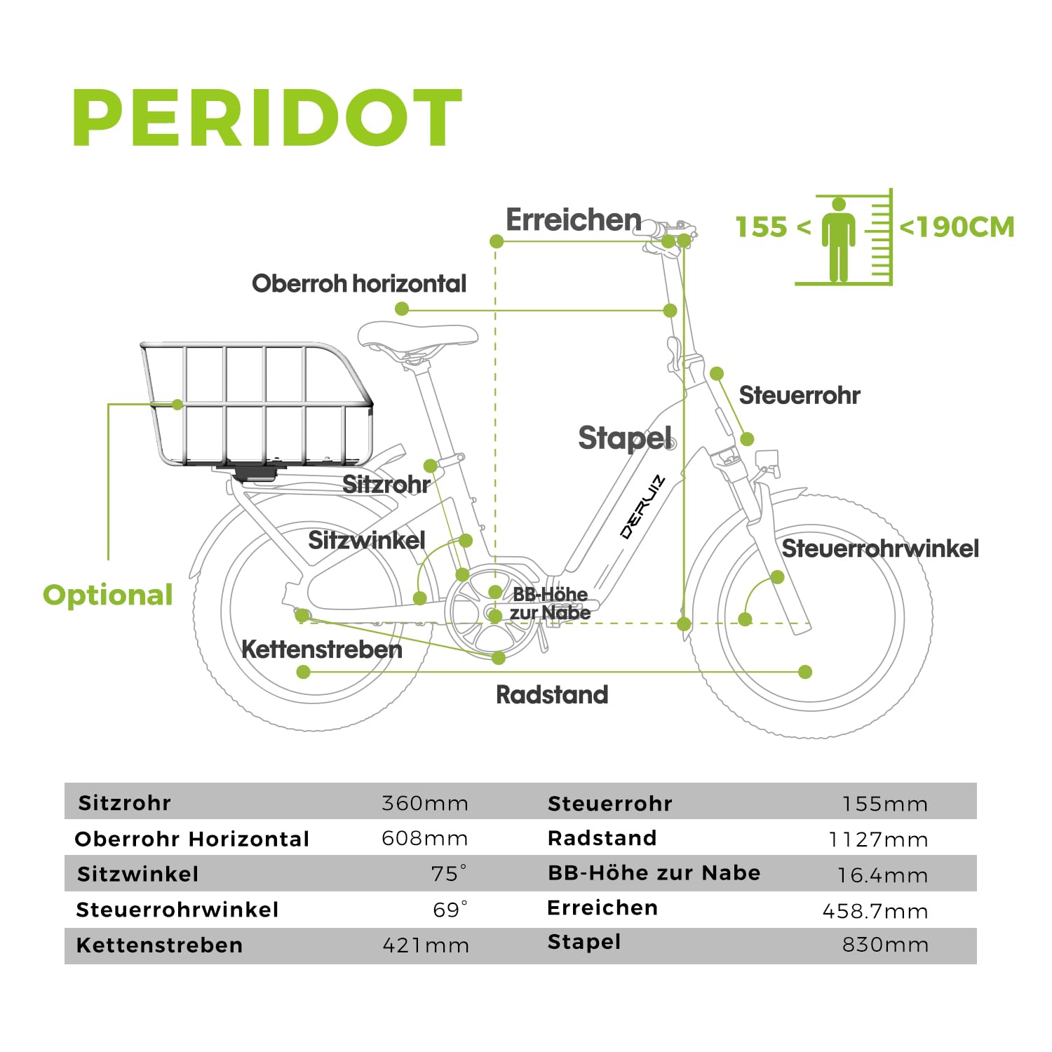 DERUIZ E Bike Peridot 2.0 Gen.E Bike Herren Klapprad Elektrofahrrad 20 * 3.0-Inch Ebikes 48V 500Wh Akku 8-Gang,Hydraulische Bremsen,Faltbares Pedelec-150 KM