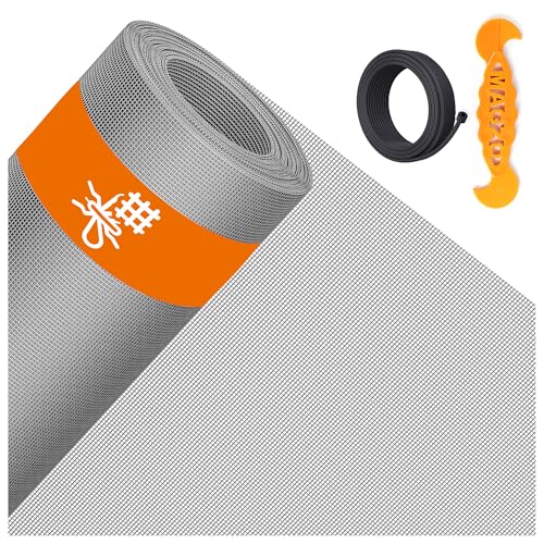Window&Door Screen Replacement Kit, 59" W x 106" L, with Retainer Spline (32 FT) and Press-Fit Roller Tool, Upgraded Scratch-Proof Polyester Material, Good Repair Mesh/Tools for Windows&Doors, Grey