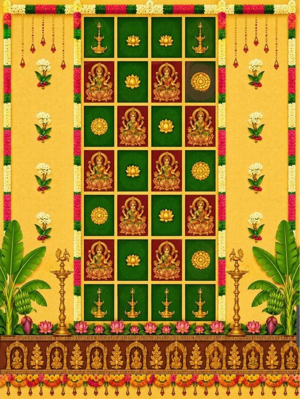 Image of varalakshmi Backdrop | Divine Blessing Lakshmi Pooja Backdrop Cloth Traditional Lakshmi Backdrop with Banana Leaves and Lotuses 8x8 Feet | Pooja Backdrop Decoration Cloth