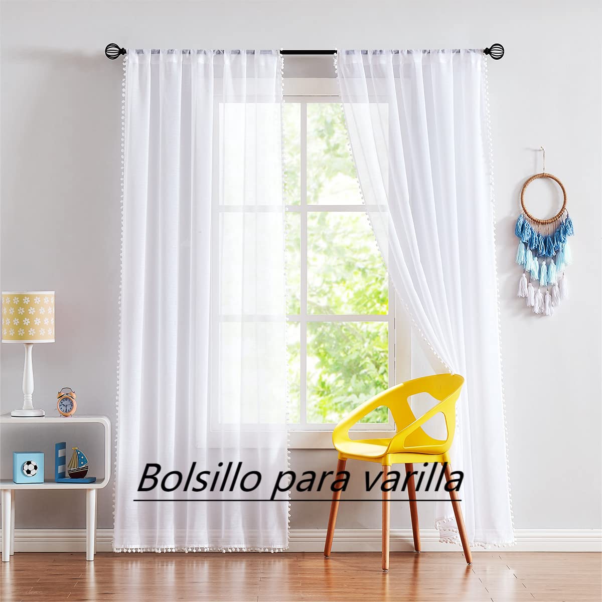 Treatmentex Moderne Wohnzimmer-Vorhänge, 2 Stück, durchscheinende Vorhänge mit Pompons, filtern sanftes Sonnenlicht, 140 x 245 cm, Weiß