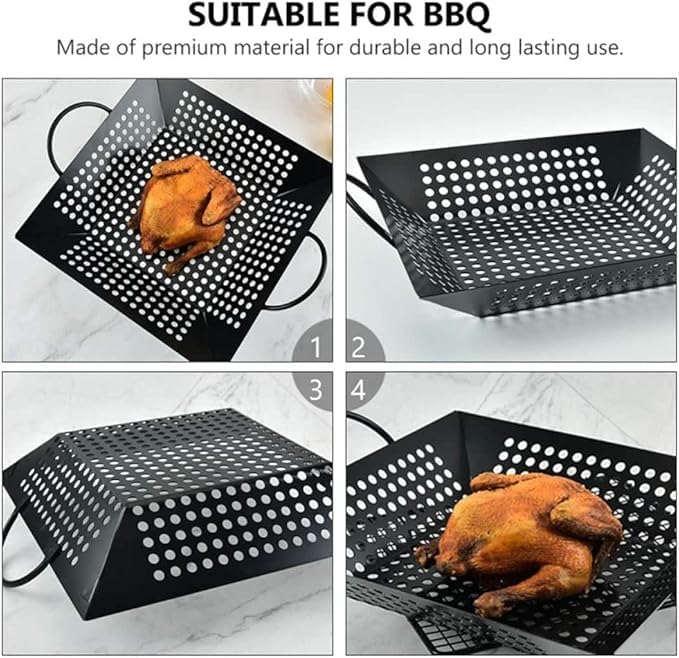 Kruvad BBQ Tray Square Heavy Duty Carbon Steel Nonstick BBQ Grilling Wok Pan Veggie Meat Tray Grill Topper Barbecue Pan Carbon Steel Black Non-Stick Grill Basket Oil Drain Tray for Camping Home - Image 4 thumbnail