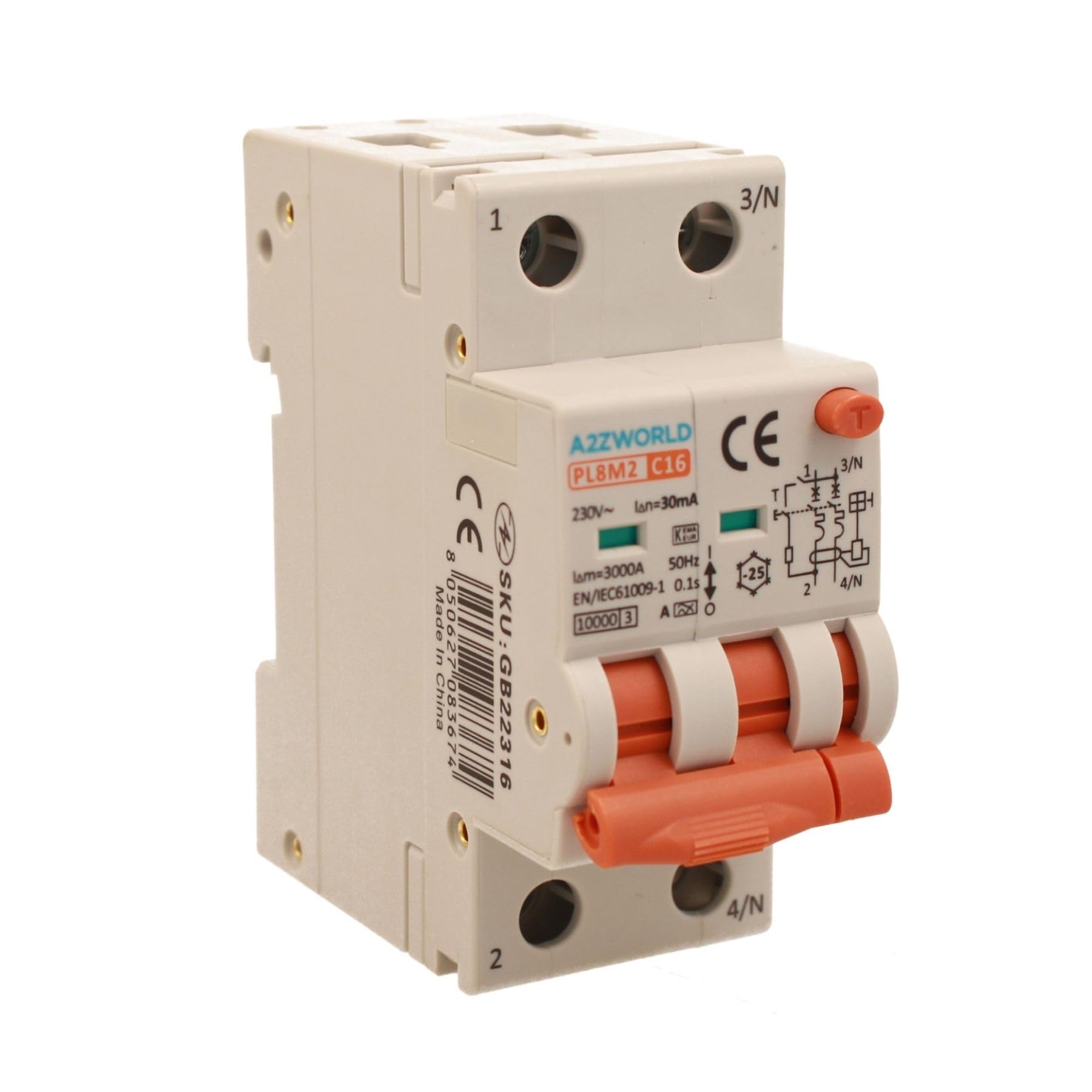 Interruttore Differenziale Magnetotermico Tipo A 16A C16, Bipolare 2P Veri (NO 1P+N), Curva C 6kA 30mA, Doppio Leva con Diagnostica Visiva, 2 Moduli DIN, Serie PL8M2