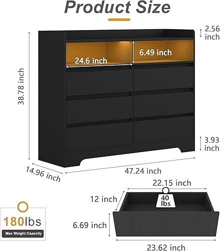 Miniatura 10 de Spaco Cómoda blanca para dormitorio, cómoda grande de 6 cajones con luz LED y 2 cubos, cómoda, cómoda de madera moderna, mueble de dormitorio,