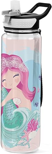 Botella de agua de sirena de dibujos animados con tapa de pajilla, 32 onzas, a prueba de fugas, transparente, para gimnasio, mujeres, hombres,