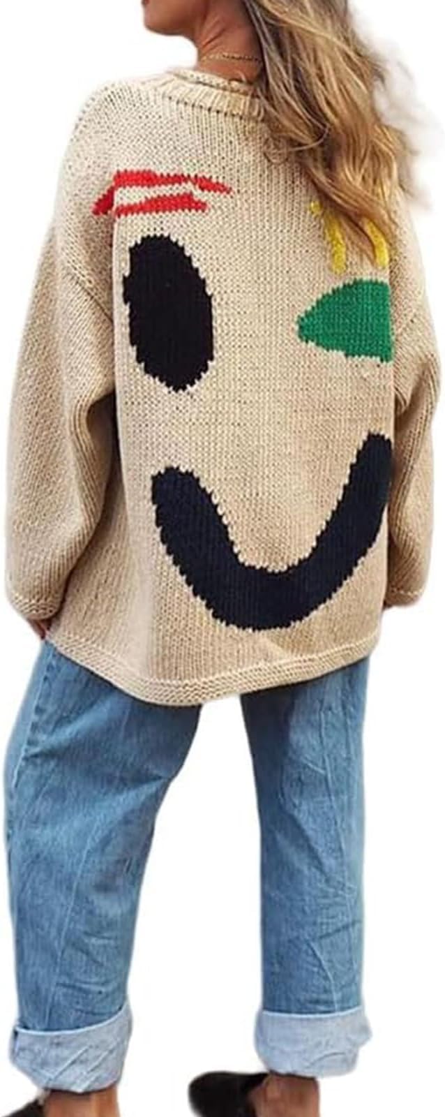 Knit Jumpers, Women’s Colorful Loose Crew Neck Pullover Sweater, Casual Comfy Jumper Tops for Couple (Multi Coloured face,XL)