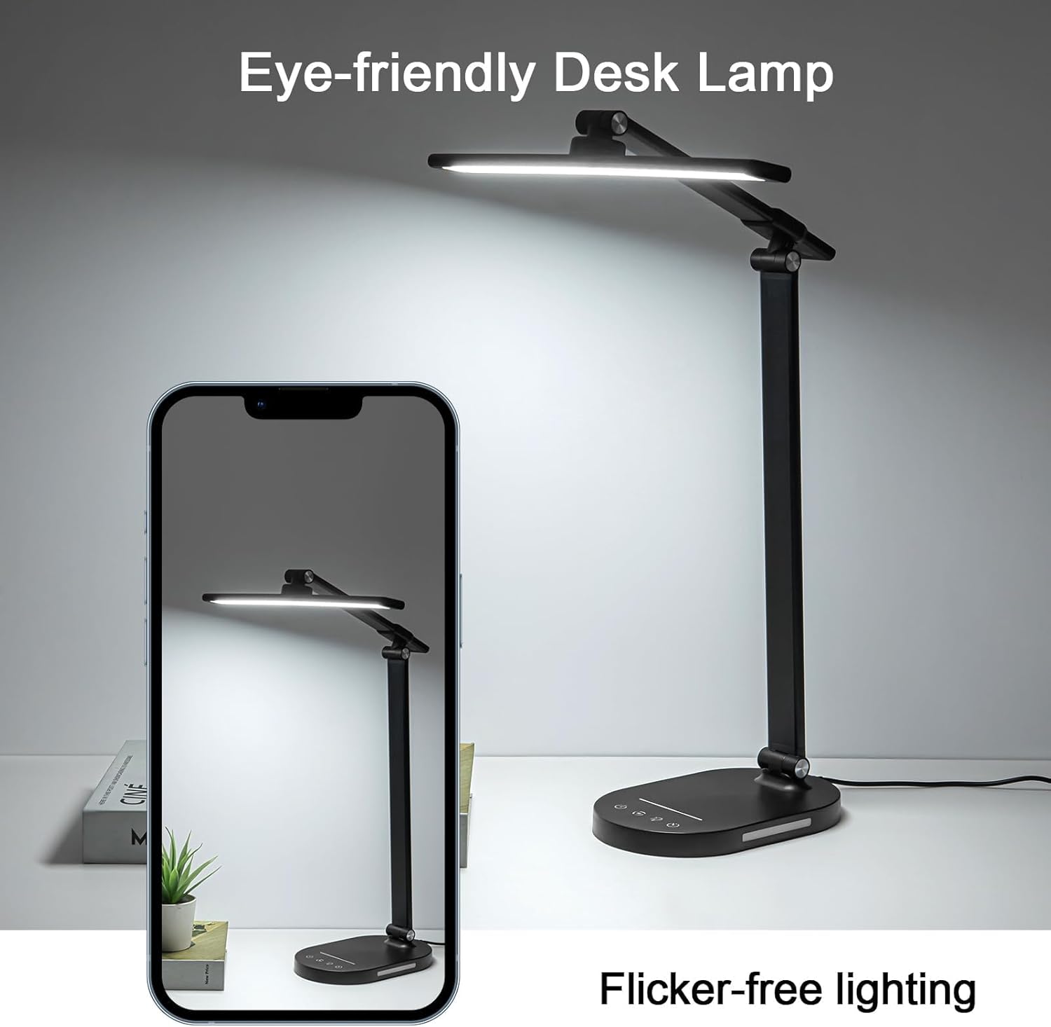 LED Desk Lamp Touch Desk Lamps with 5 Levels Brightness, Dimmable Office Reading Lamp with Adjustable Arm Foldable Table Desk Lamp for Bedroom Bedside Office Study, 3000-6500K(Black)