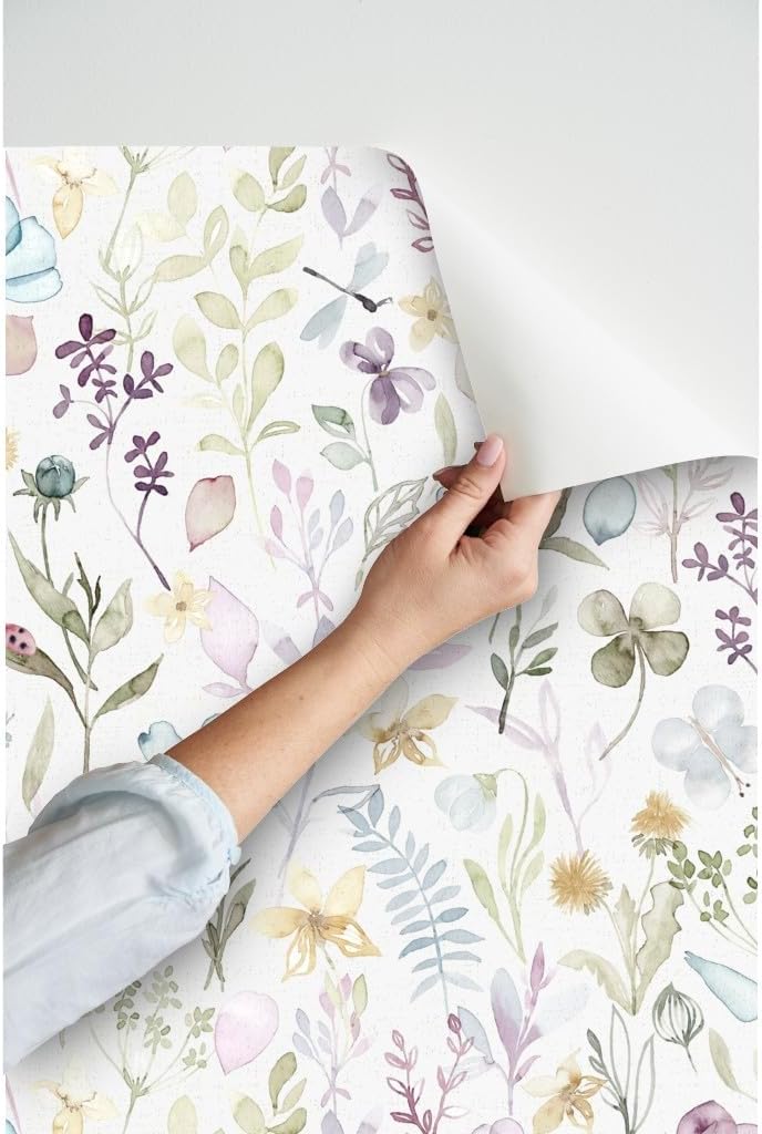 Peel & Stick Wallpaper 3ft x 2ft - Spring Floral Meadow Butterflies Romantic Illustration Flowers Pastel Custom Removable Wallpaper by Spoonflower
