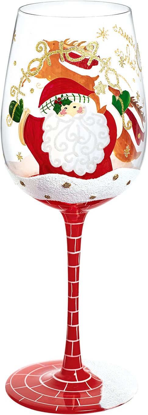 NymphFable Hand Painted Wine Glass 15oz Santa Claus Christmas Elk Deer Snowflake Xmas Christmas Glass for Family Friend