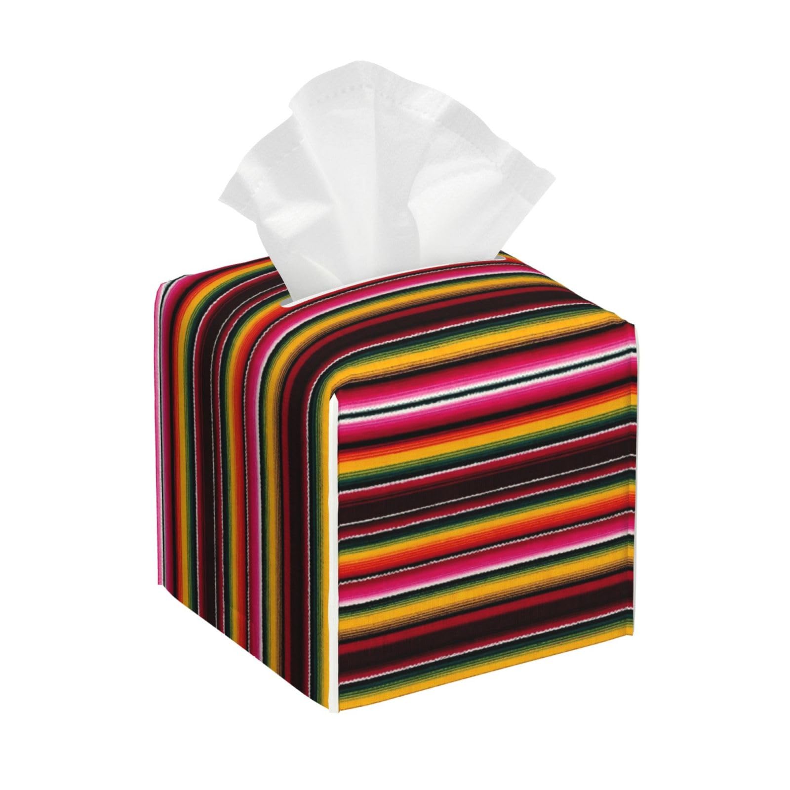 Pink Rainbow Serape Pattern B Print Tissue Box Cover Holder Square, Foldable Modern Cube Tissue Box Cover, Leather Decorative Organizer for Tabletop Bathroom Car Office Desk Decor