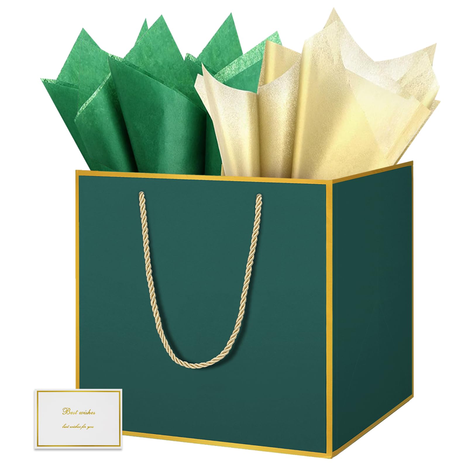 HONTIUS 11.8'' Square Large Gift Bag, Green Extra Large Gift Bag Bags for Presents Big Paper Bag with Tissue Paper Cards, 30cm Wedding Birthday Party Present Bridesmaid Gift Gifts Bag for Women 1PCS