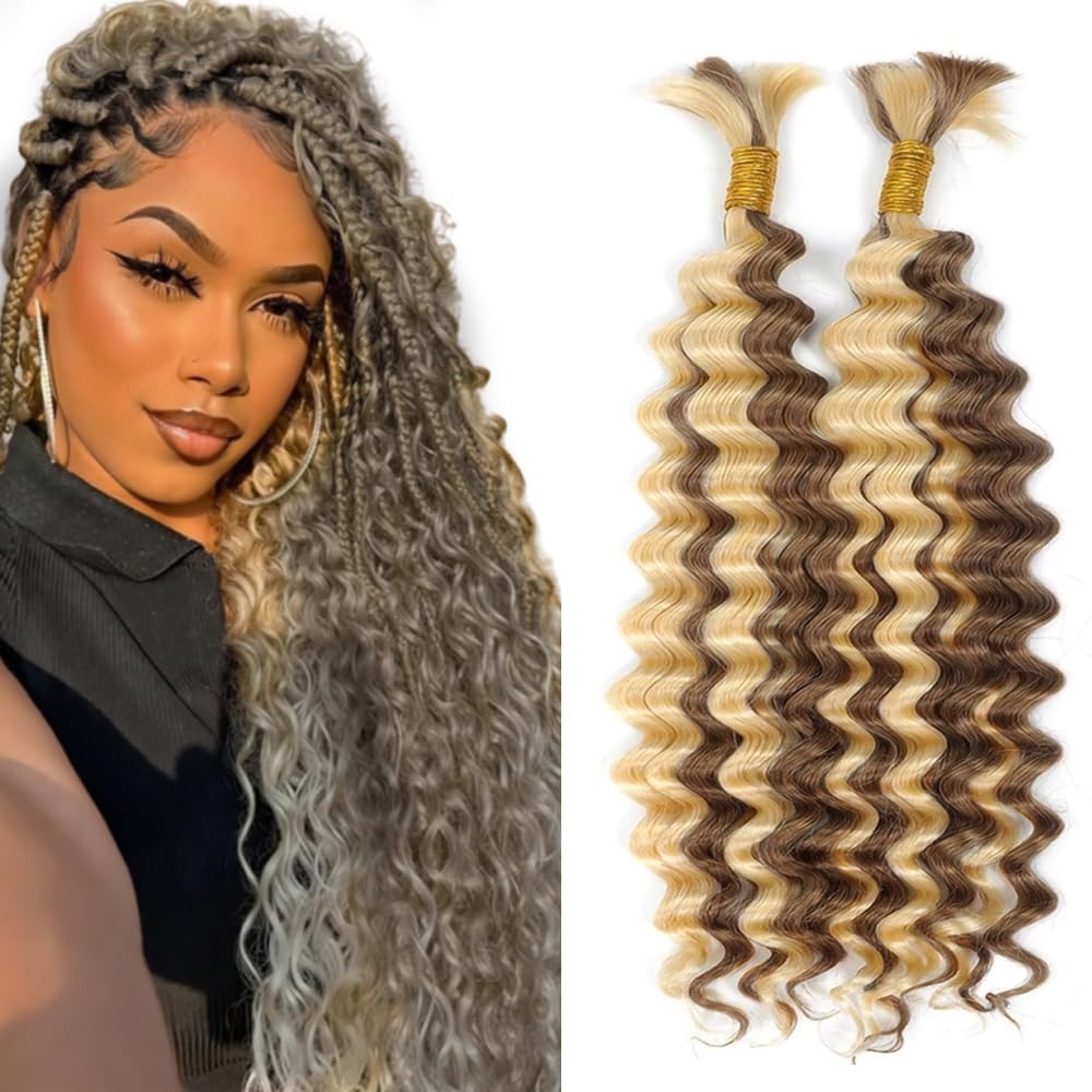 Tuheerst P4/613 Highlight Brown Boho Braids Human Hair Extension Blonde 34 34 Inch No Weft Deep Wave 50g/Bundle Total 100g Unprocessed Human Braiding Hair For Women