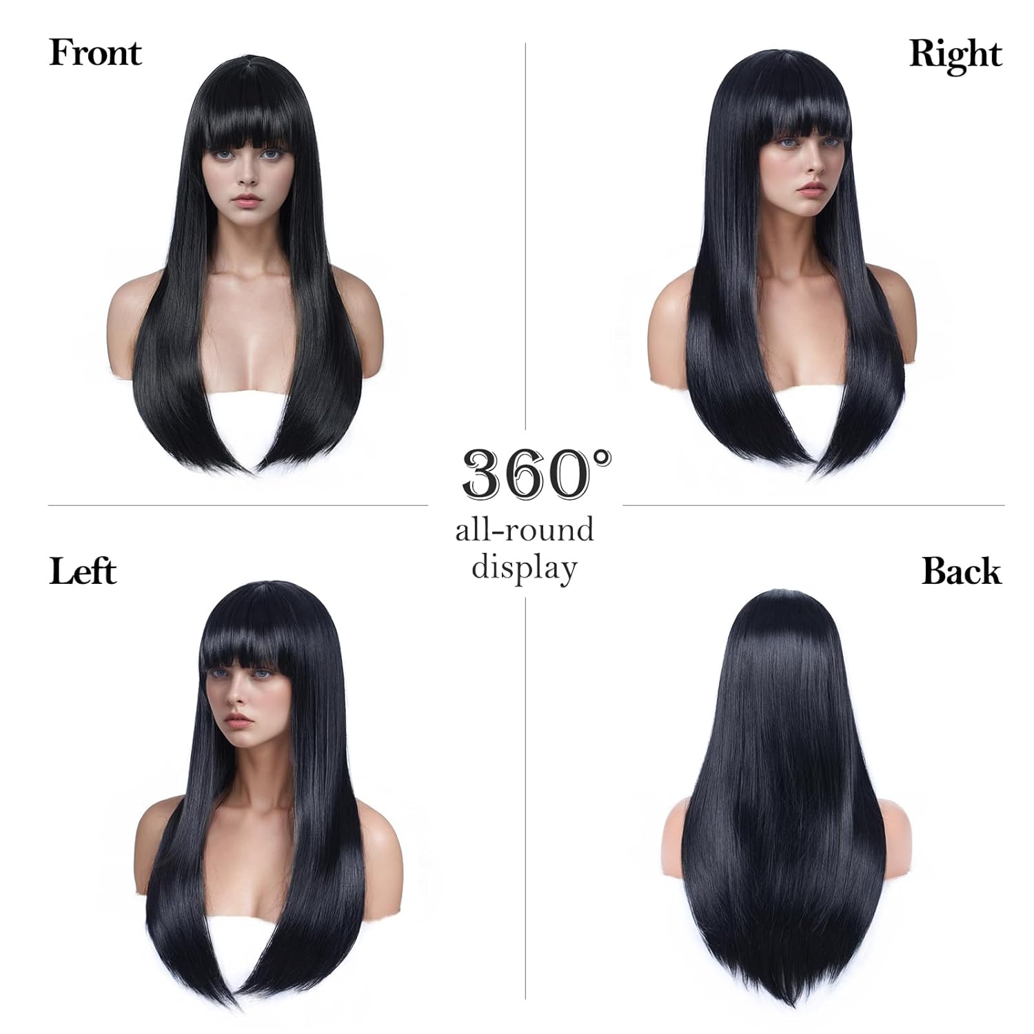 Black Wig with Bangs for Women Long Straight Wig for Grils Heat Resistant Synthetic Wig Black Hair Wigs for Daily Party Halloween Cosplay Wig 24inch - Image 3