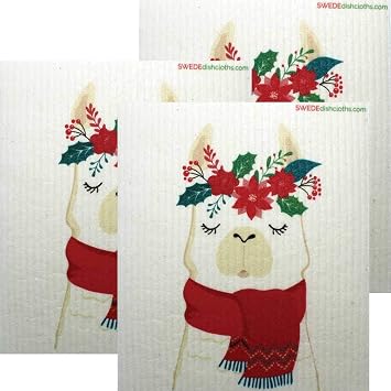 Swedish Dishcloth Winter Llama Set of 3 Cloths | ECO Friendly Absorbent Reusable Biodegradable Cleaning Cloth