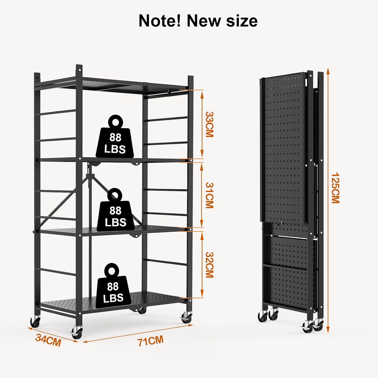 Himix Storage Shelves with Hooks, Foldable Shelves for Storage with Wheels, Metal Shelving Storage Rack Shelf for Kitchen Garage Home Office - No Assembly image 3