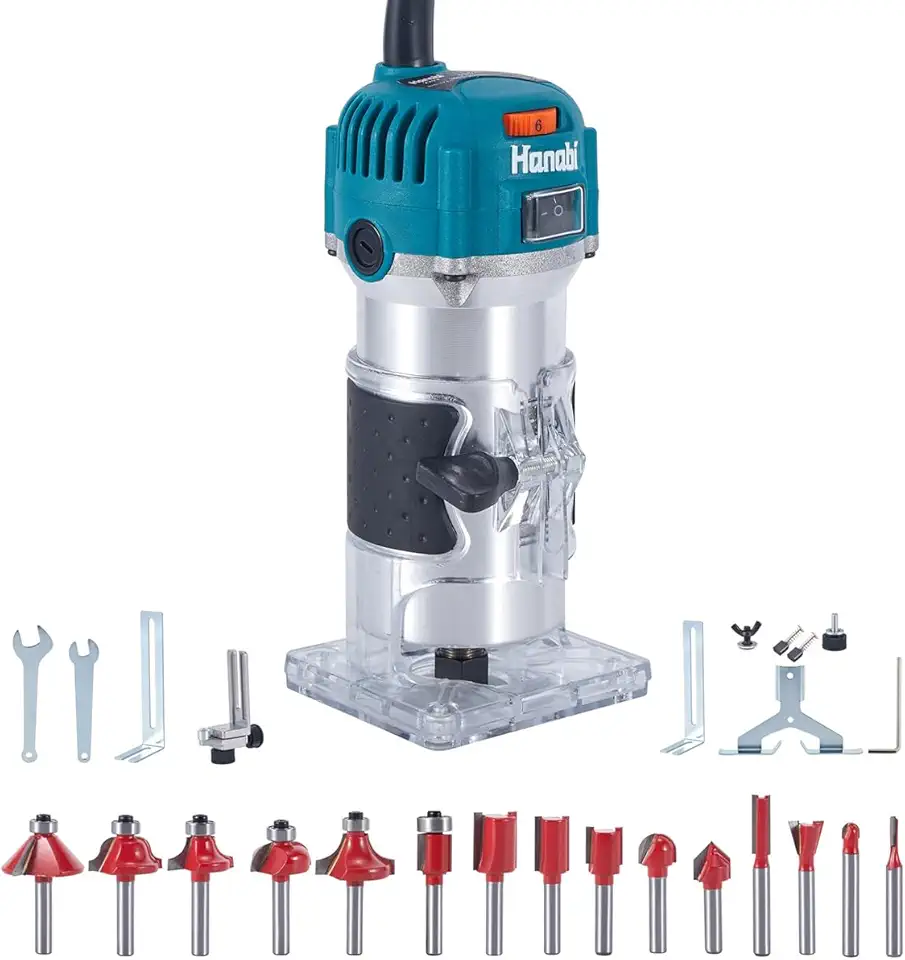 Hanabi Tupia Manual 700W 110V com Controle de Velocidade, com 15 Fresas para Madeira, Tupia Laminadora com Base Transparente Profissional, Fresadora de Madeira