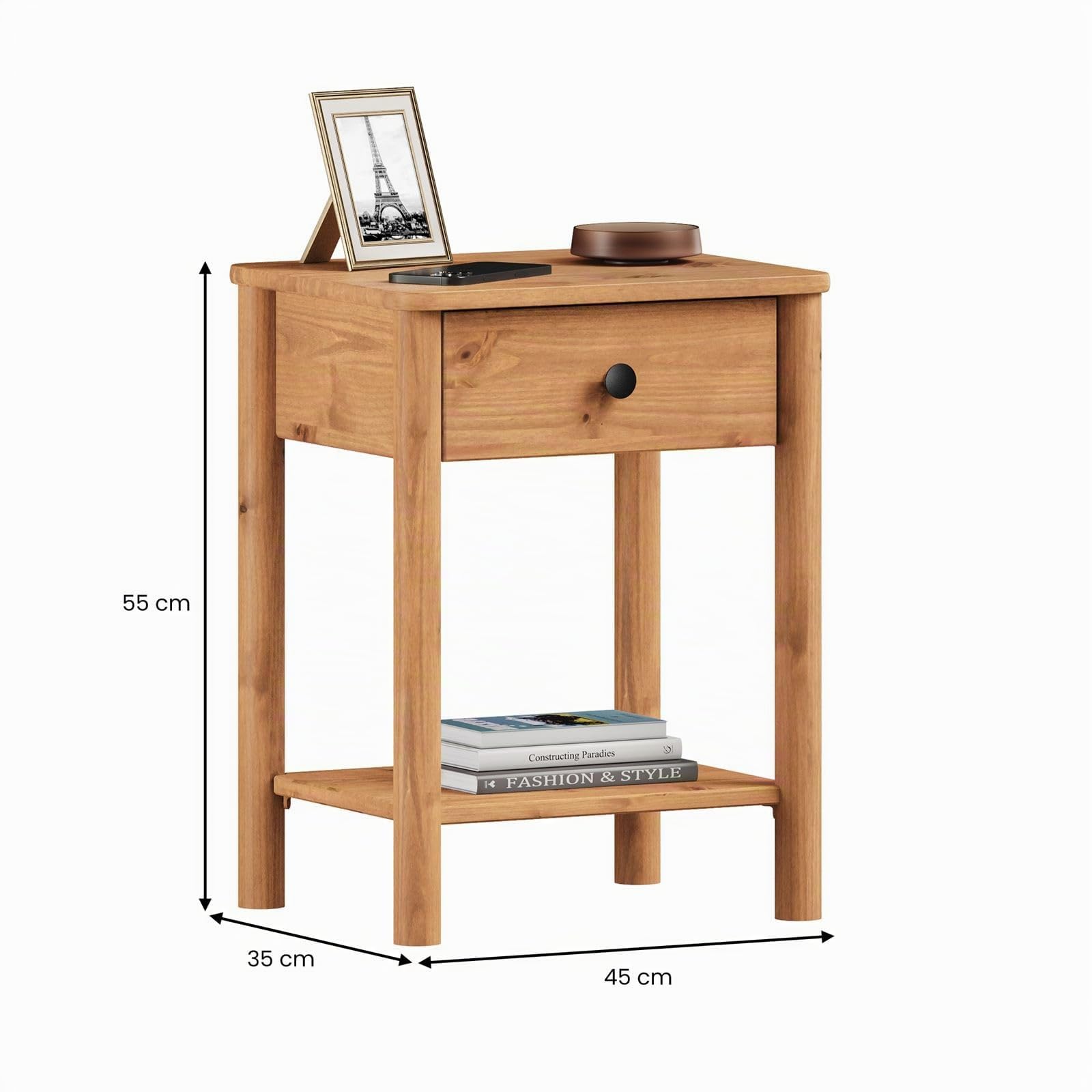 IDIMEX Table de Chevet APOANA avec 1 tiroir et 1 Tablette, Dimensions montées 45 x 55 x 35 cm, pin Massif Coloris chêne, idéal pour Chambre ou Salon, Style Naturel