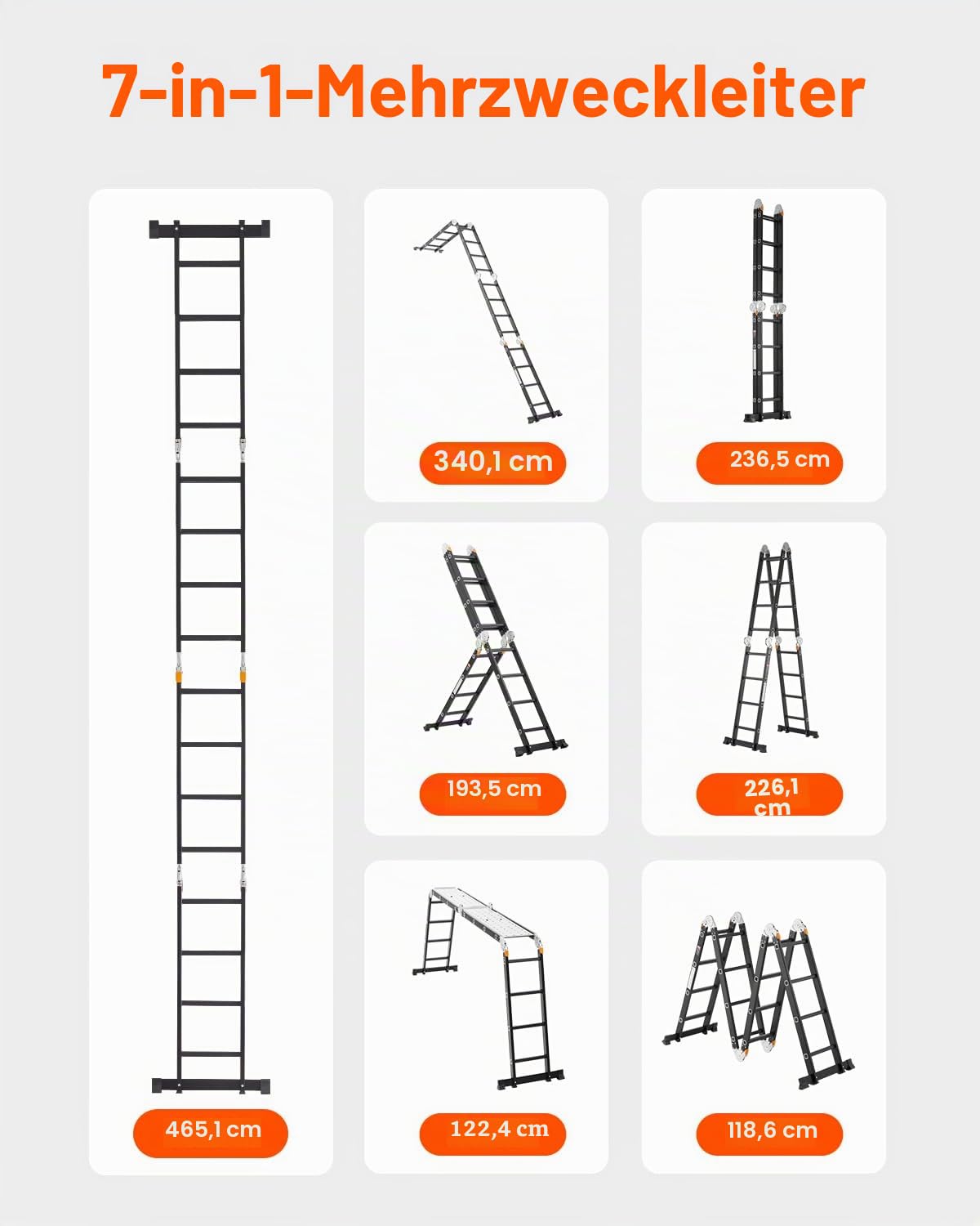 VEVOR Mehrzweckleiter, 7-in-1-Multifunktionsleiter, A-Rahmen mit 4 Stufen und Gerüstbrett, Teleskopleiter, Leitergerüst 4650 mm, strapazierfähig, 150 kg Tragkraft, für den Außenbereich