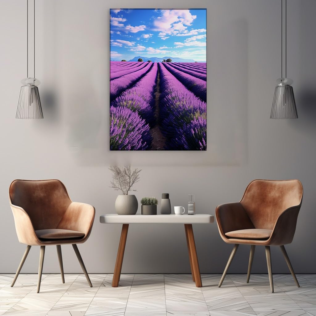 Canvas for Living room. Lavender Dreamscape: Unending Purple Rows Under a Boundless Cloud-Speckled Sky, 27 x 18 inch Canvas Wall Art - Contemporary Masterpieces - Inspirational Office Decor