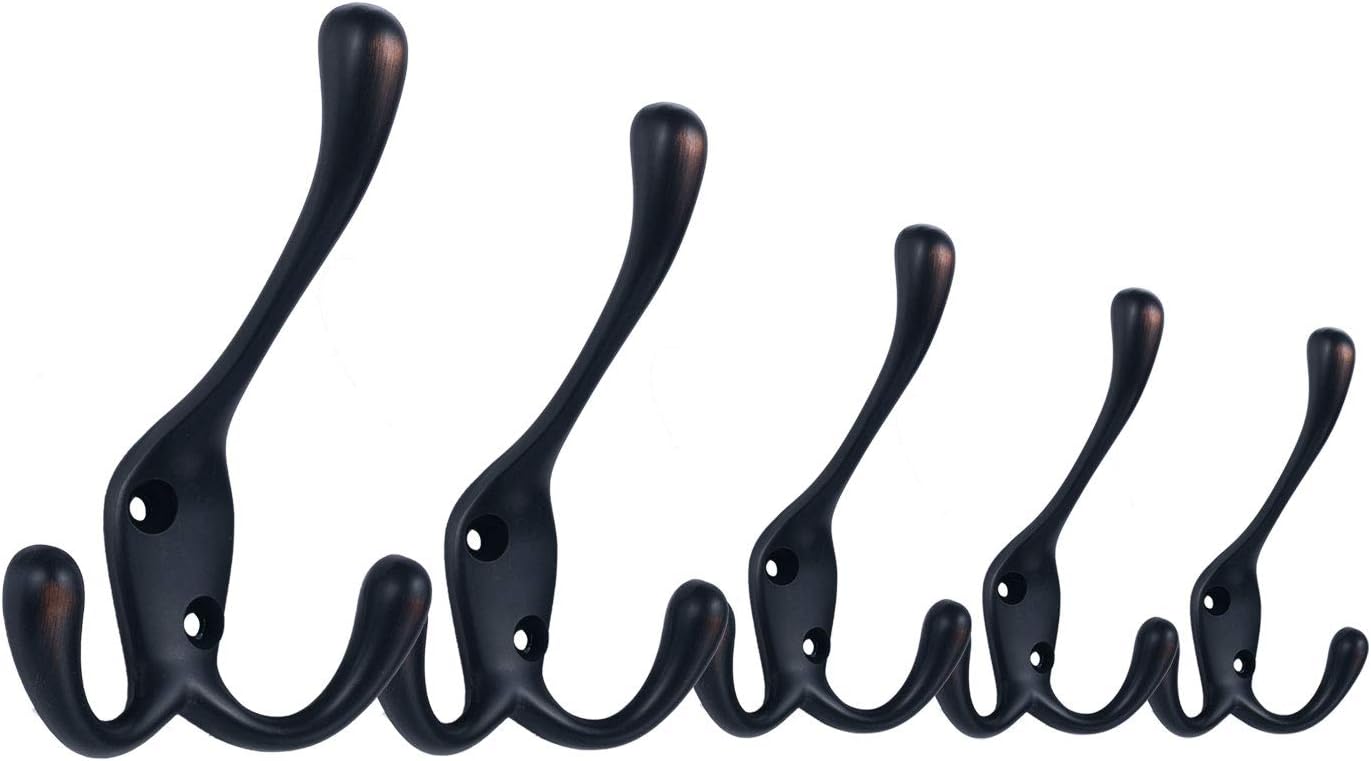 Heavy Duty Oil Rubbed Bronze Towel and Coat Hooks Pack of 5, 3 Prong Hooks