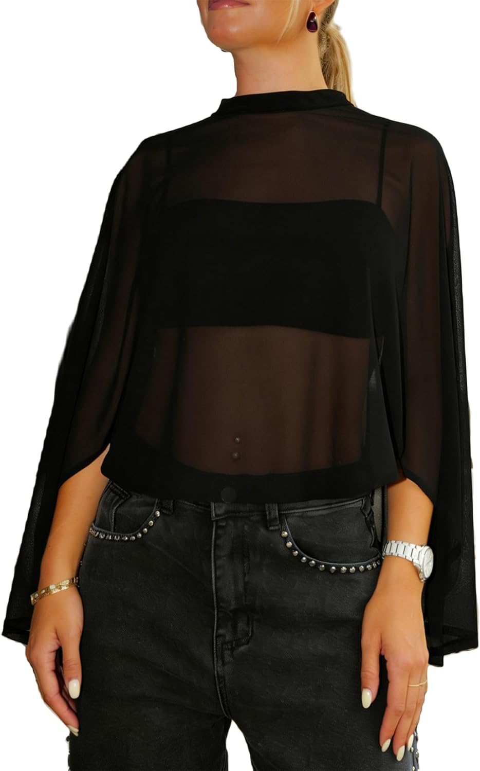 Miqil Women Flowy Sheer Mesh See Through Bolero Shawl Sexy Irregular High Low Hem Lightweight Poncho Shrug Beach Coverup Cape