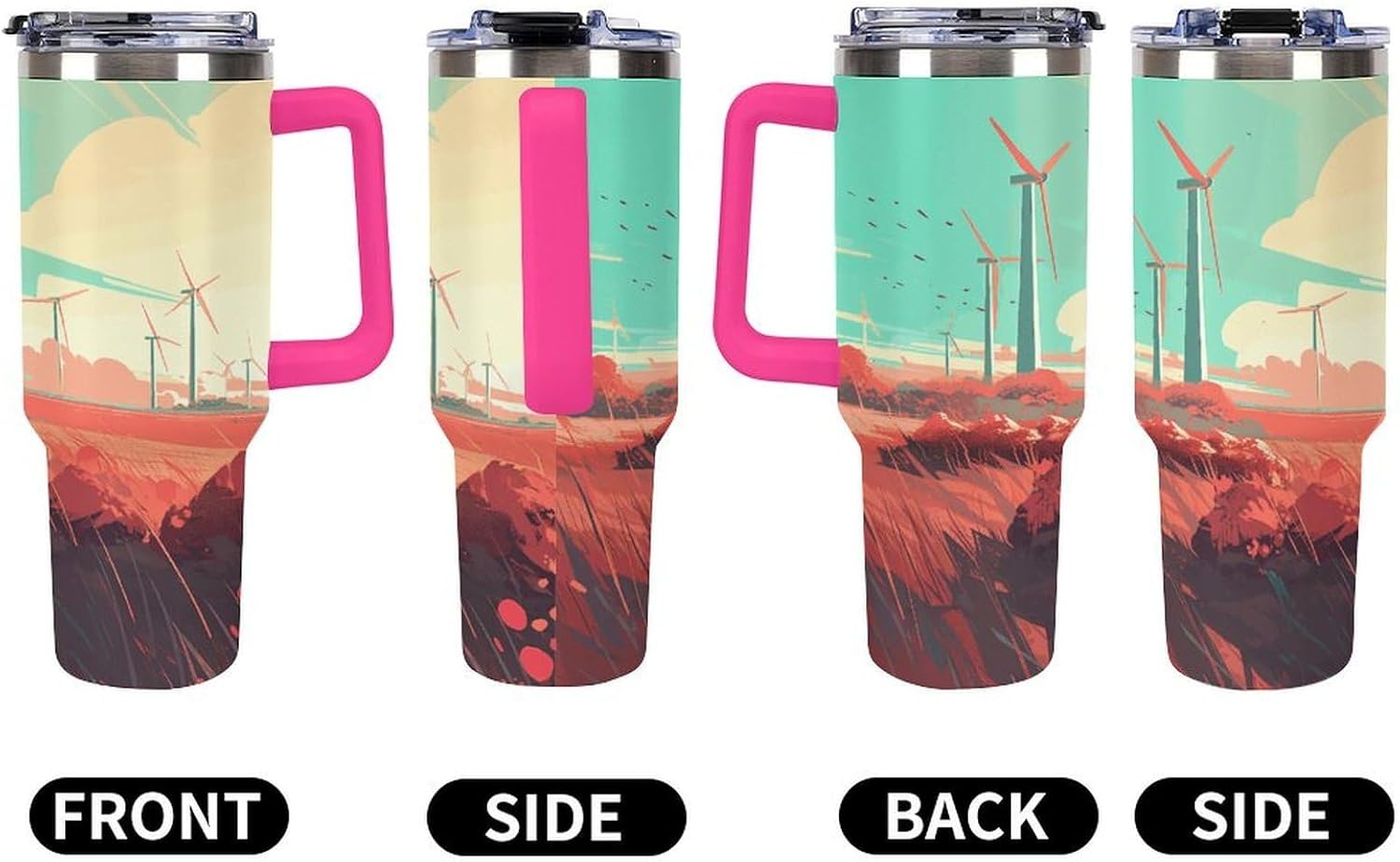 Windmill in Field Tumbler 40 Oz with Handle&Lid Large Car Cup Stainless Steel Vacuum Travel Mug Insulated Water Bottle Leak-proof Portable Coffee Cup for Home Car Outdoor