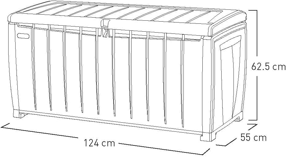 Technical diagram of the Keter Novel Cushion Box with external dimensions labeled: 124 cm length, 55 cm width, and 62.5 cm height.