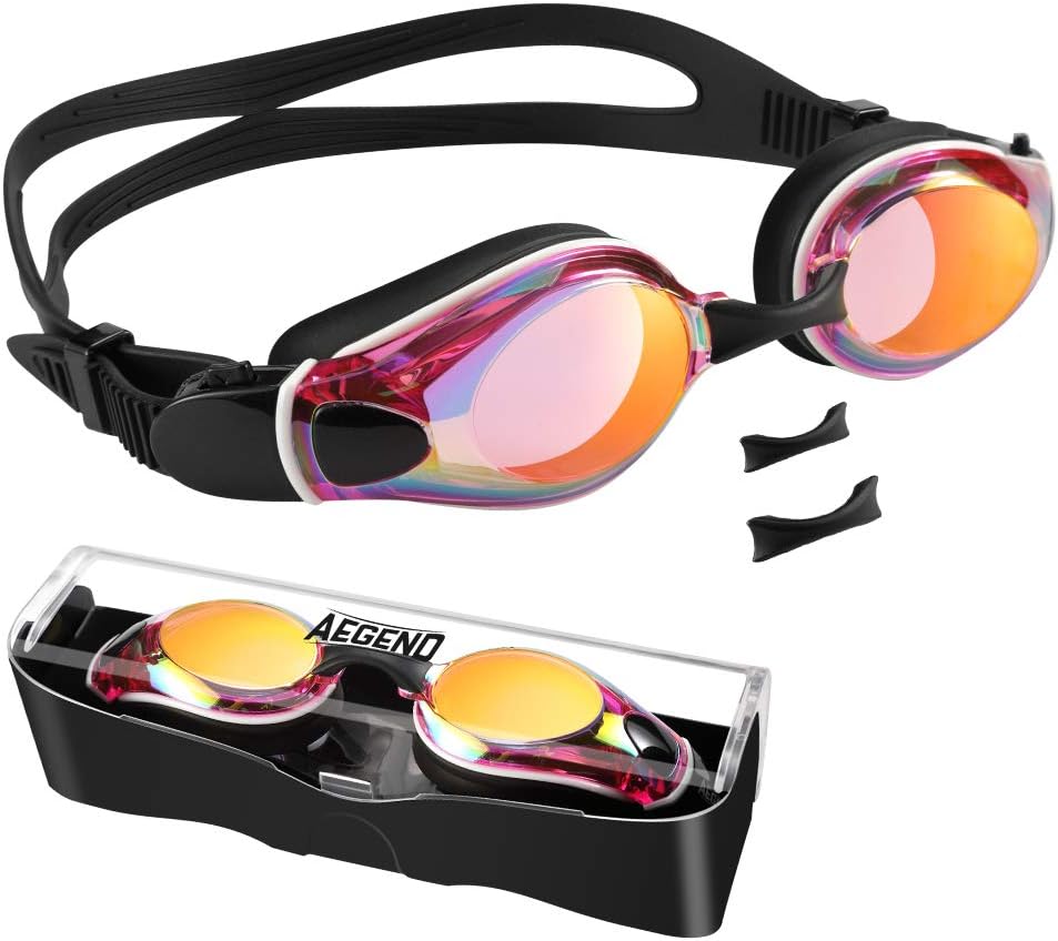 Aegend Swim Goggles with 3 Adjustable Nose Pieces, Flat Lens Swimming Goggles