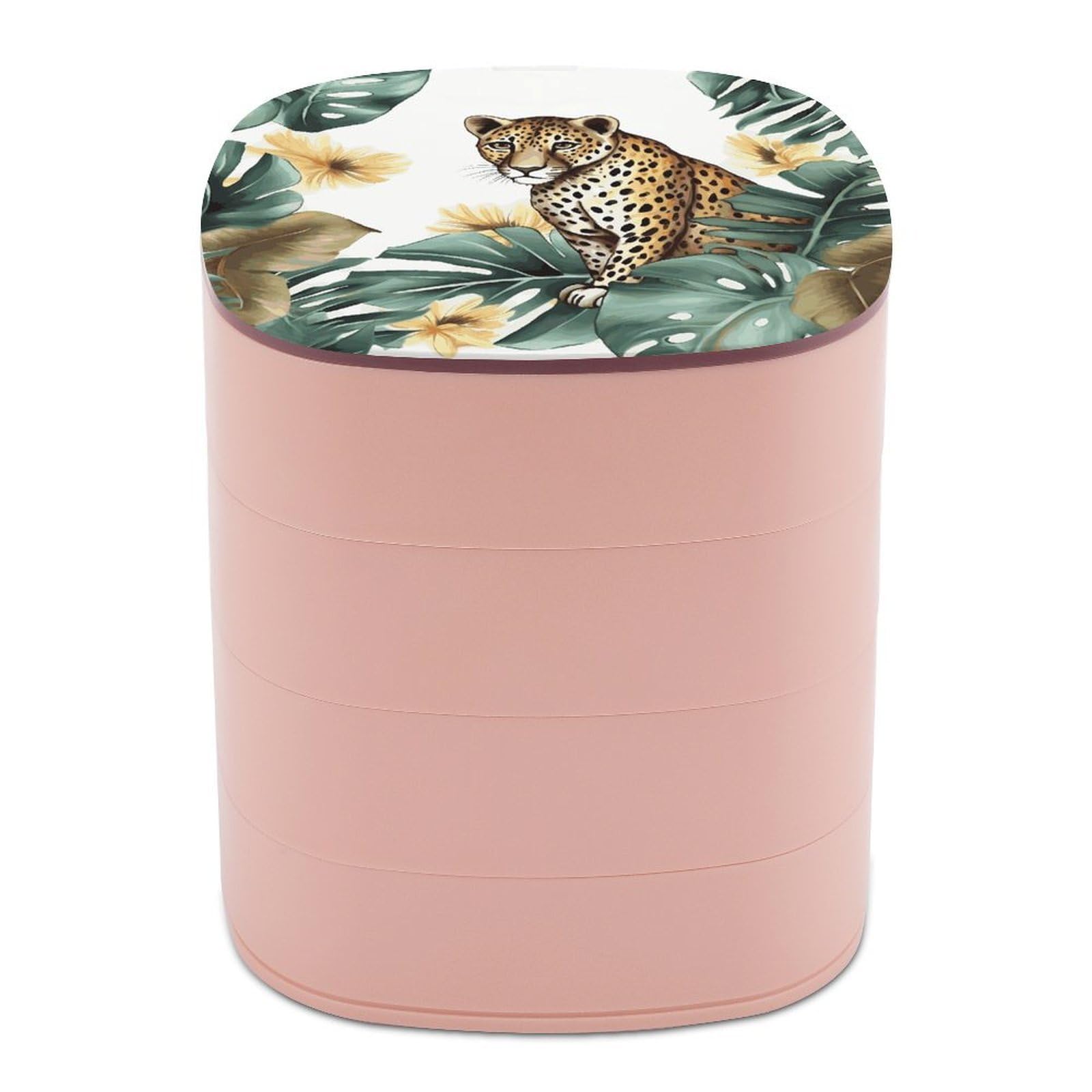 JTREHY Leopard And Palm Leaves Jewelry Box 4-Layer Covered Rotating Jewelry Storage Box Large Capacity Storage Boxes Portable Jewelry Case for Bracelets Earrings Necklace