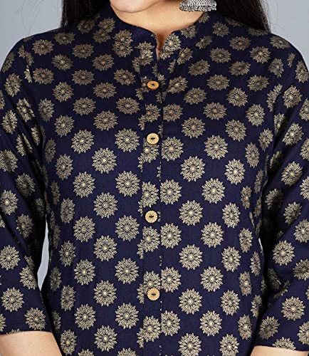 Image of Women's Rayon Printed Straight Fit Kurti with Front Slit (Blue-S)