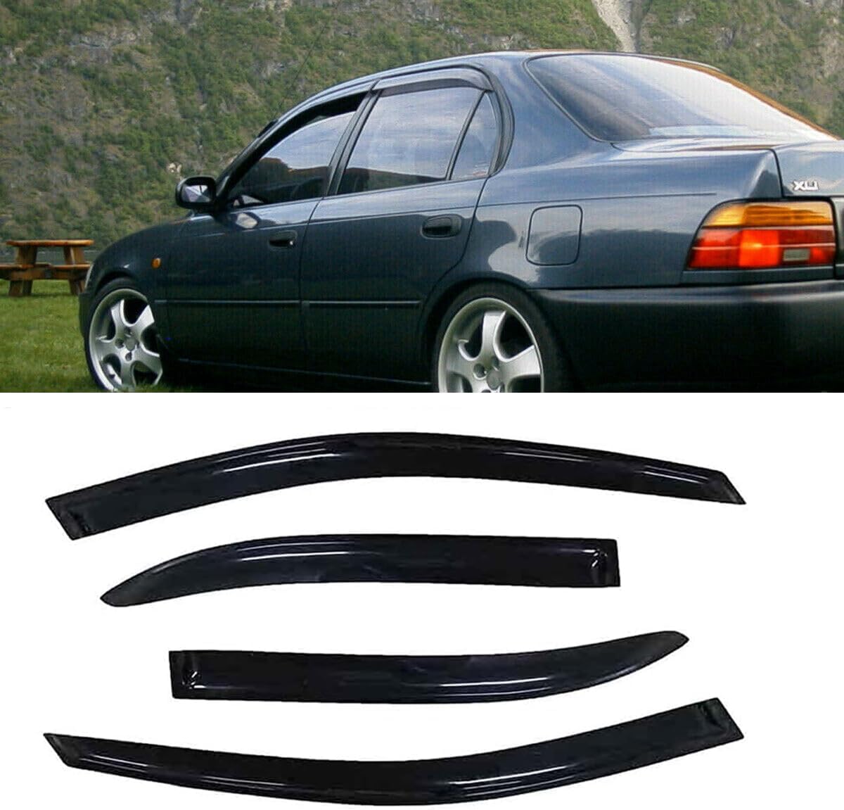 Original 4pcs Vent Window Wind Deflector Compatible with 1993-1997 Toyota Corolla Sedan, Out-Channel Dark Smoke Sun Snow Rain Guard Shades, Sunproof Tape on Side Window Visor 94022