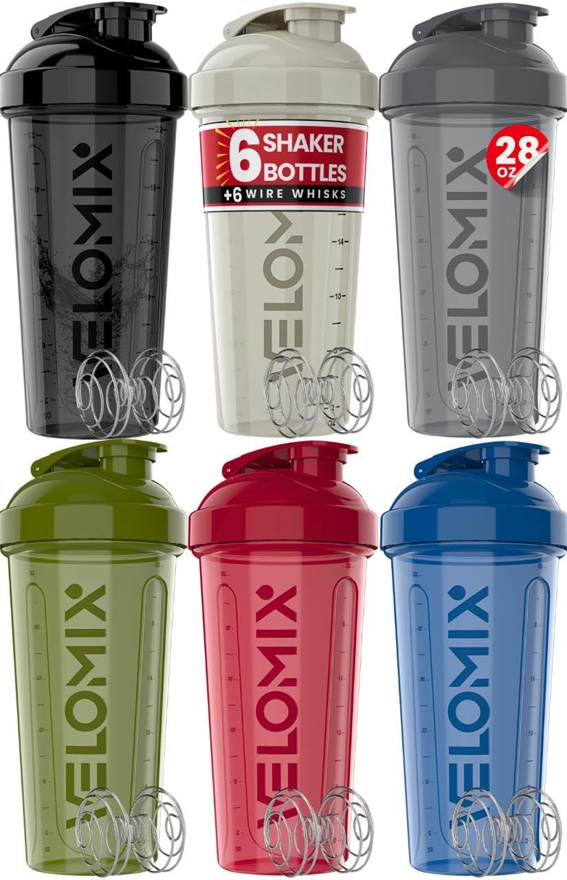 VELOMIX -6 PACK- Shaker Cups for Protein Shakes 28 oz - 6x Wire Whisk | Leak Proof Protein Shaker Bottle for Protein Shakes, Shaker Bottle Pack for Pre & Post Workout (Stealth Edition)