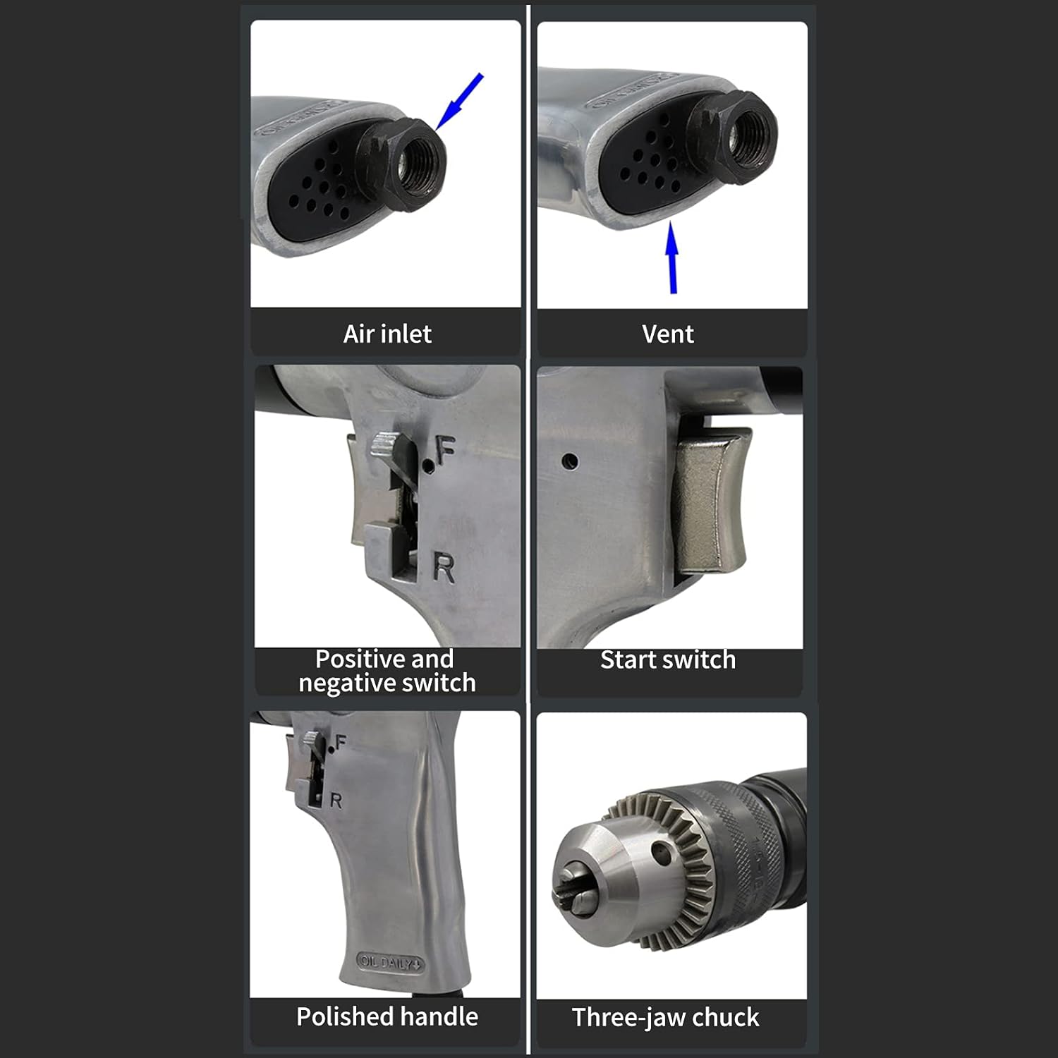 Air Tool Drillpistol Drills, 1/2" Pneumatic Air Drill, 700rpm CW/CCW Handle Type Reversible Variable Speed Drilling Engraving Grinder with 360°Reversible Handle High speed Reversible Rotation Drill