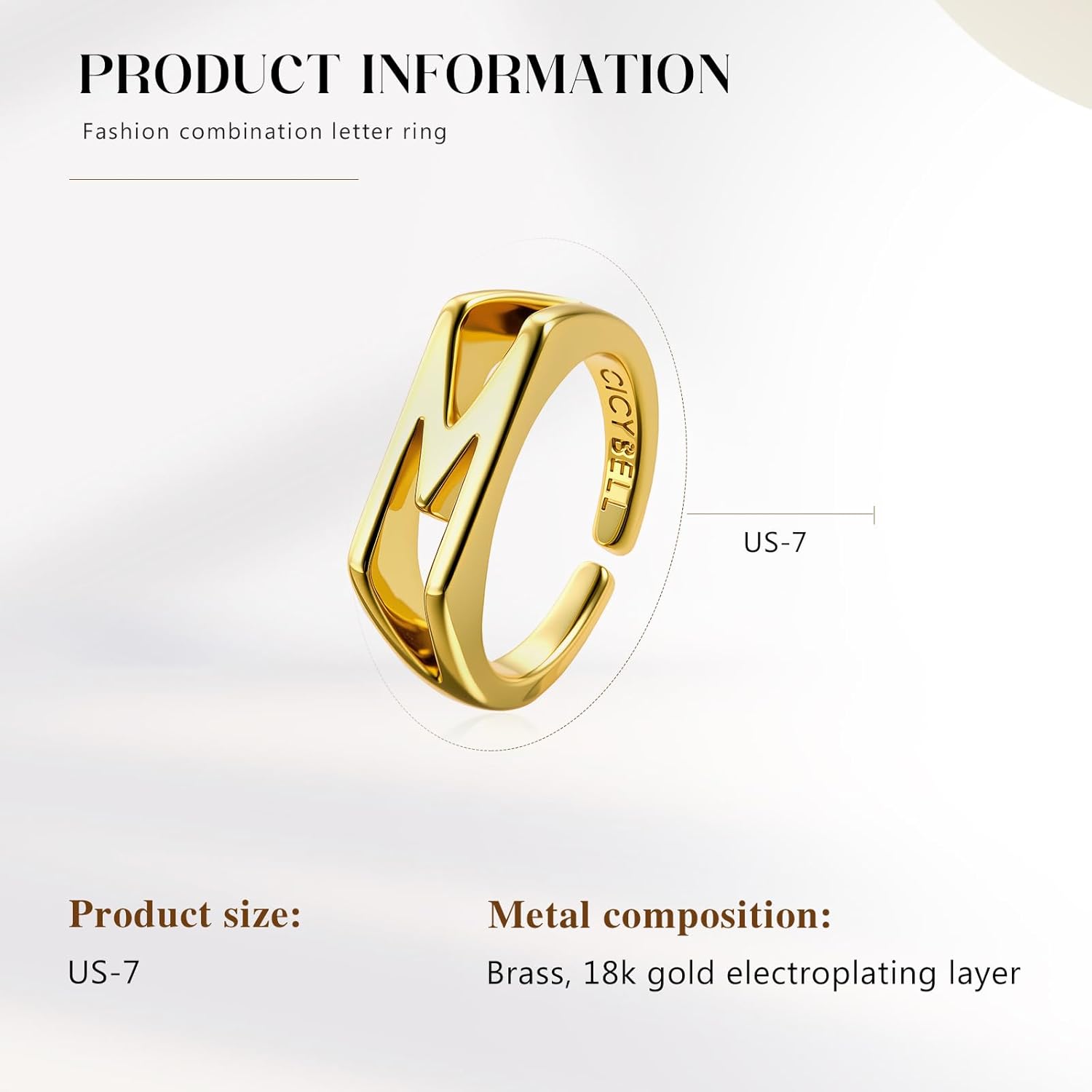 Cicy Bell Initial Rings for Women 18k Gold Plated Adjustable Letter Rings Bold Personalized Engraved Women’s Open Signet Rings for Party - Image 7