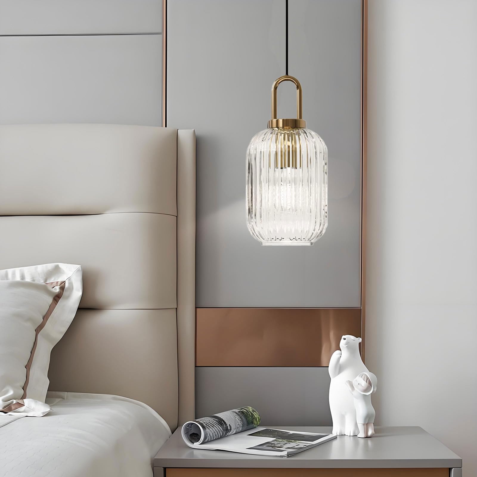 Lampada a Sospensione in Vetro Trasparente con Paralume in Vetro Rigato e Finitura Bronzo, Lampada a Sospensione Moderna Retro Plafoniera (`140mm)