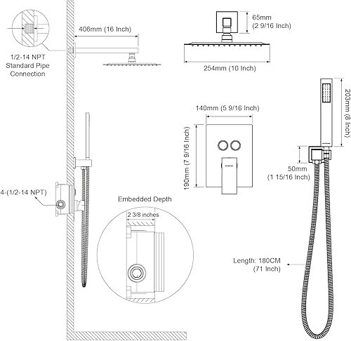Miniatura 8 de Emabather. - Sistema de ducha negro de 12 pulgadas, de montaje, grifo de ducha con cabezal de ducha de lluvia cuadrado y soporte de mano, negro