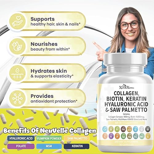 Miniatura 4 de Pastillas de colágeno 16 en 1, péptidos tipo I, II, III y V con biotina, queratina, ácido hialurónico, palma enana americana, vitaminas C y E,