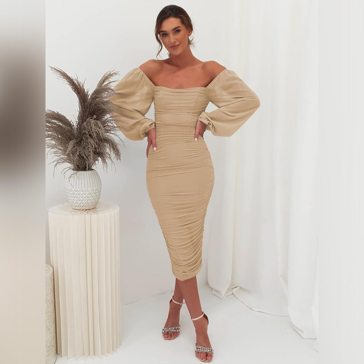 ODIZLI Women's Ruched Bodycon Dress Long Puff Sleeve Square Neck Mesh Cocktail Party Midi Dresses - Image 5