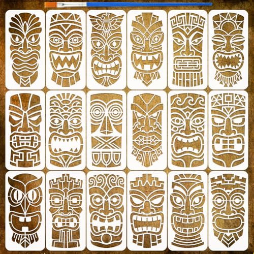 FINGERINSPIRE 12 Pcs Pochoirs de Totem Tribal avec un Pinceau 30x15cm Pochoirs de Visage de Totem Bouche Ouverte Pochoir Peinture Réutilisable Thèmes Tribaux...