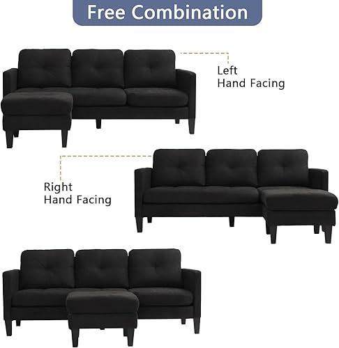 Miniatura 7 de Grepatio Sofá modular convertible, sofá en forma de L de 3 asientos con tela de lino moderna para espacio pequeño y sala de estar (negro)