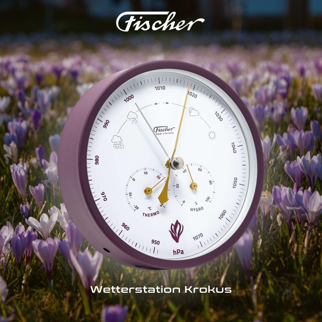 Fischer 1602-24, Wetterstation, Glas, Edelstahl, Messstation | Barometer mit Thermometer und Hygrometer, Krokus-Edition Violet, Gold, Messbereich 20-100 % r. F., Genauigkeit ± 5 % r. F.