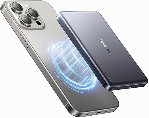 Torras Minimag Power Bank, cargador portátil inalámbrico magnético ultra-deslizamiento de 10,000má, cargador portátil magnético, 22,5W de carga rápida con cable USB-C diseñado para iPhone 16 Pro Max/16 Pro/16/15/14/11, Glacier Gray