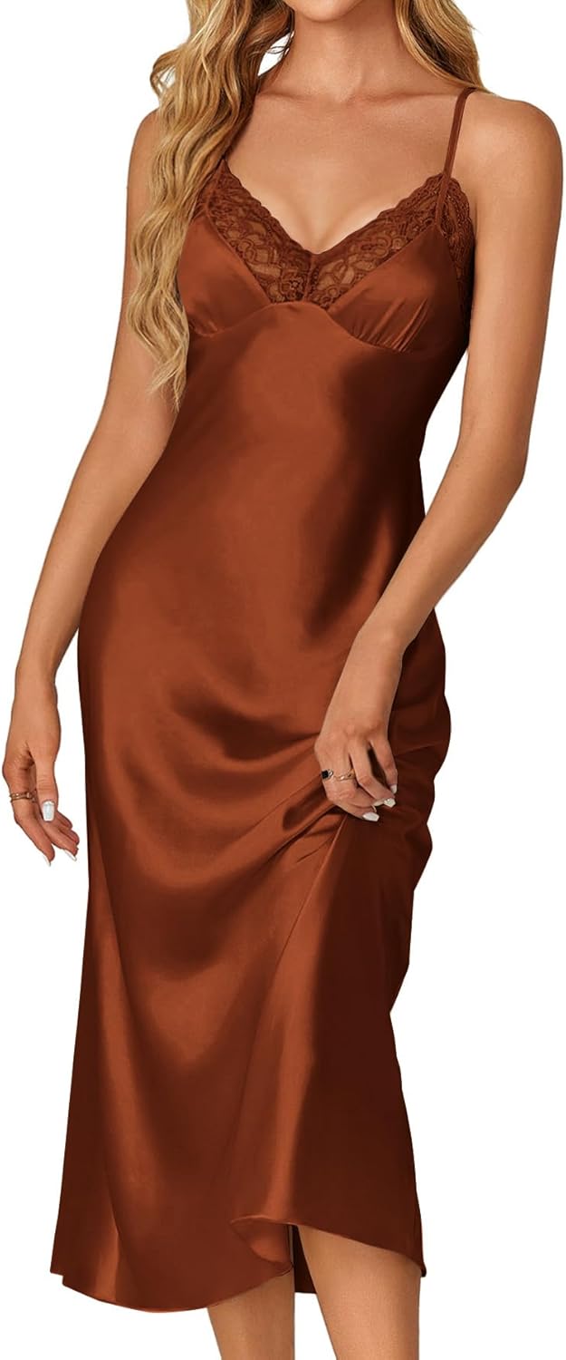 OPOIPIN Women's Satin Nightgown V Neck Sexy Lace Backless Sleepwear Long Silky Slip Dress Spaghetti Strap Nightwear