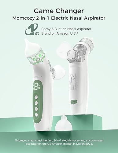 Miniatura 7 de Momcozy BreezyClear Aspirador nasal eléctrico 2 en 1 para bebé con aerosol, succión de grado hospitalario de 65 kPa, 4 niveles ajustables, limpiador