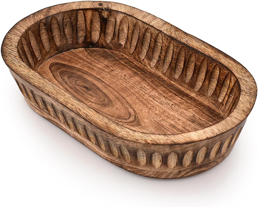 KaizenCasa Hand-Carved Mango Wood Decorative Bowl - Unique Vertical Stripe Centerpiece for Home, Kitchen, Bathroom Decor (10" x 6" x 2")