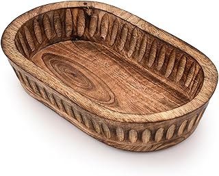 Kaizen Casa Decorative Bowl Mango Wood for Home Decor, Unique Centerpiece Bowl, with Hand Carved Vertical Stripes for Home Decor, Bathroom, Kitchen Counter, & More (10" x 6" x 2")