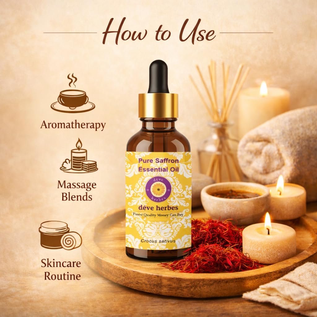 Deve Herbes Pure Saffron Essential Oil (Crocus sativus) Steam Distilled 15ml (0.50 oz)