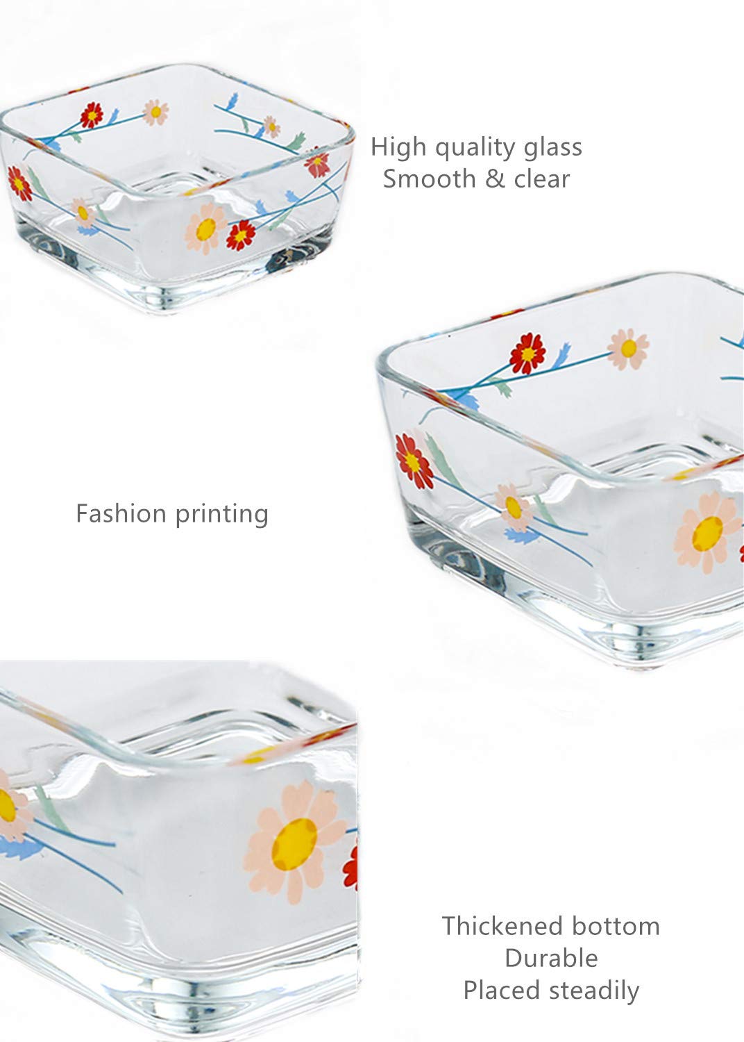 yaocoral 9 OZ Mini Daisy Candy Dish Cute Floral Candy Bowl Small Square Glass Bowl for Candy,Dessert,Snack,Fruit,Icecream,Yogurt,Dipping,Prep,Clear Serving Bowl