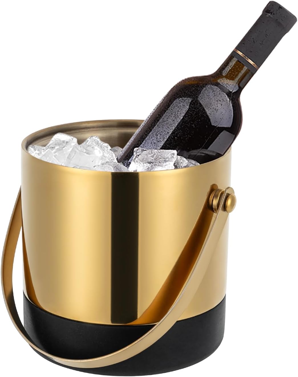 DYNAMI Mini Insulated Ice Bucket with Lid and Handle,1.4L/0.4gal Small Thickened Stainless Steel Ice Container with Ice Tongs&Strainer,Anti-slip Rubber Bottom,5.4"W*5.4"H (Gold)