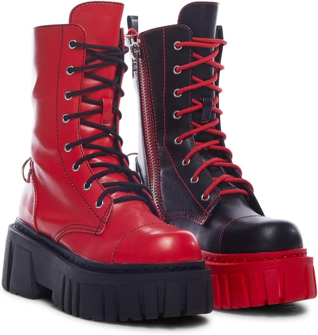 Dolls Kill Devil Games Mismatched Combat Boots by Current Mood – Vegan Leather Platform Boots with Adjustable Lace-Ups & Side Zippers